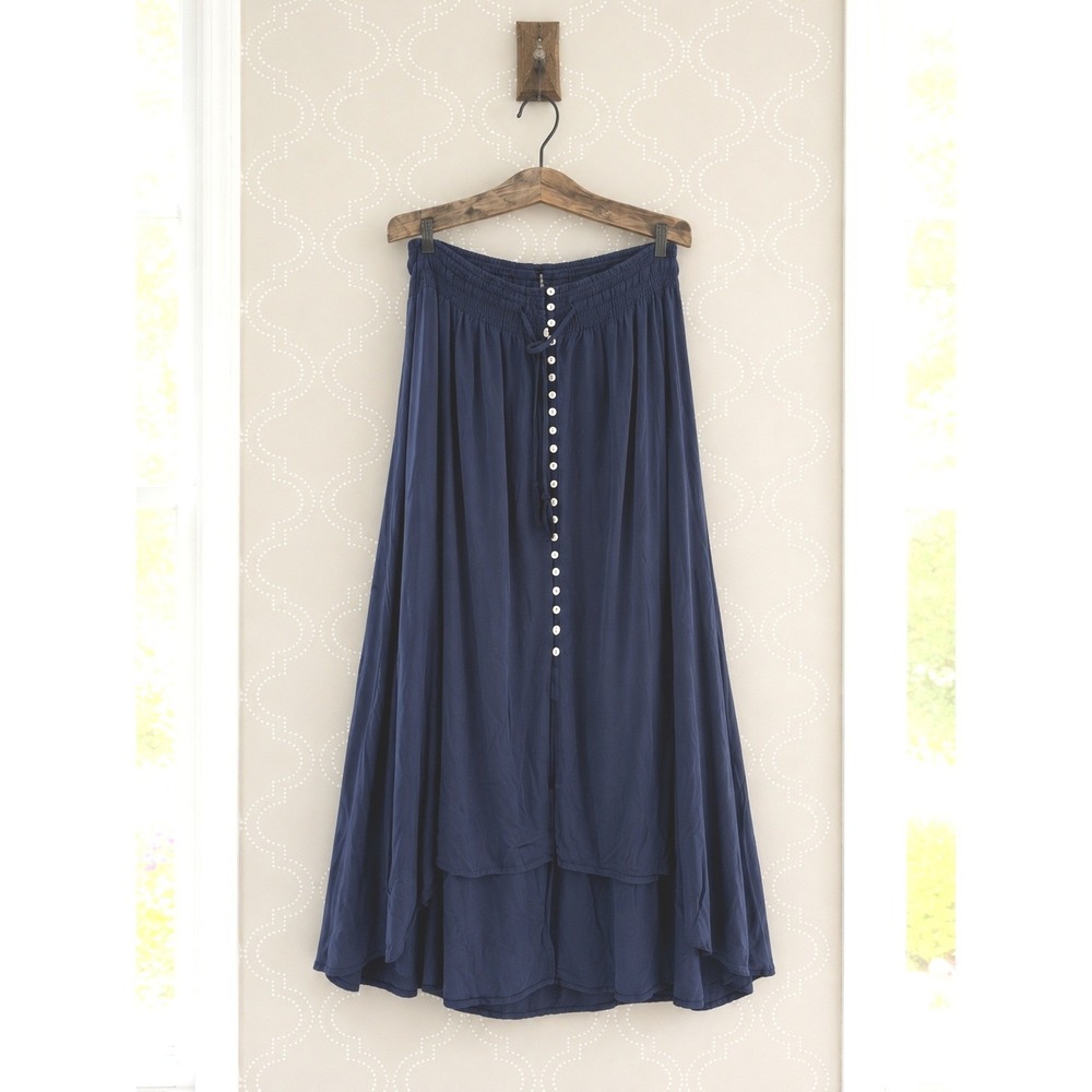 Raviya Maxi Skirt Button Down Tassel Drawstring Blue XL